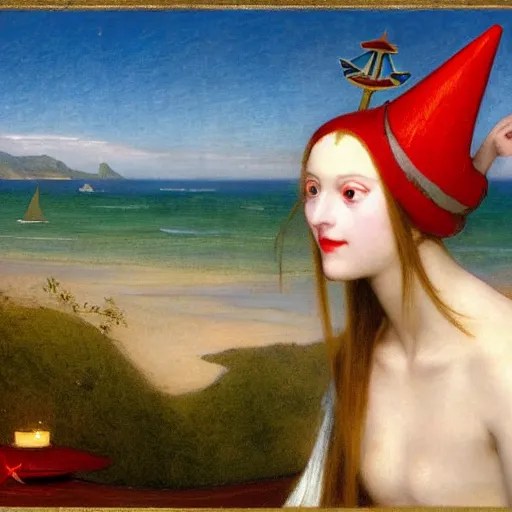 Image similar to A girl with jester hat and clothes on the front of a Balustrade with a beach on the background, major arcana cards, by paul delaroche, hyperrealistic