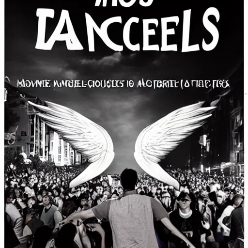 Prompt: angels protecting crowds of people in the street, movie poster style