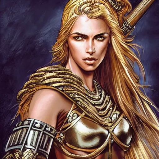 Prompt: greek amazon warrior, a tall beautiful woman with bronzed skin and long blonde hair, dressed in hellenistic body armour, intricate, elegant, highly detailed, smooth, sharp focus, detailed face, high contrast, graphic novel, art by ardian syaf,