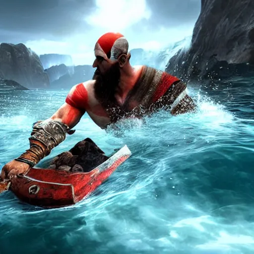 Image similar to screenshot of the game God of War with Kratos jumping waves on a jetski, while wielding an axe | Sony Pictures official media