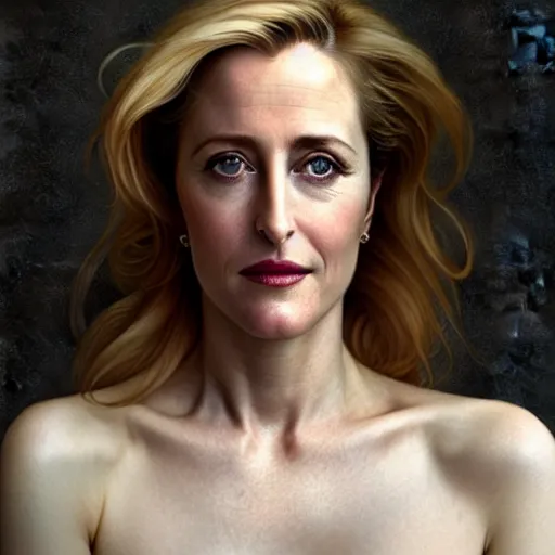 Prompt: Portrait, mugshot of Gillian Anderson, beautiful, pale skin, faint smile, elegant clothing, photorealistic, highly detailed, artstation, smooth, sharp focus, art by Klimt, artgerm, Greg Rutkowski and Alphonse Mucha natural light, Adobe Lightroom, photolab, Affinity Photo, PhotoDirector 365