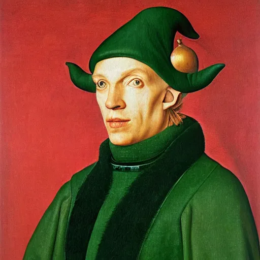 Image similar to 3/4 bust portrait of a high fantasy elf mall cop by Jan van Eyck