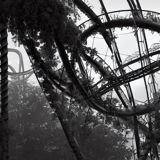 Image similar to abandoned theme park with large rollercoaster that has vines hanging from it, sharp focus, fog, hazy, creepy ambiance, desaturated, highly detailed, artgerm, rutkowski