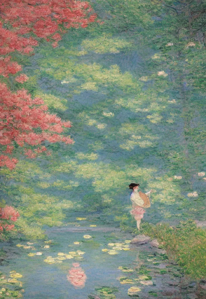 Image similar to tiny character in front of a beautiful japanese country side landscape, amazing ryokan, lofi vibe, vivide colors, amazing light, really beautiful nature, oil painting, impressionist style, by jeremy lipkin, by claude monet, by ghibli, kandinsky touches, multiple brush strokes, masterpiece, scene by hokusai