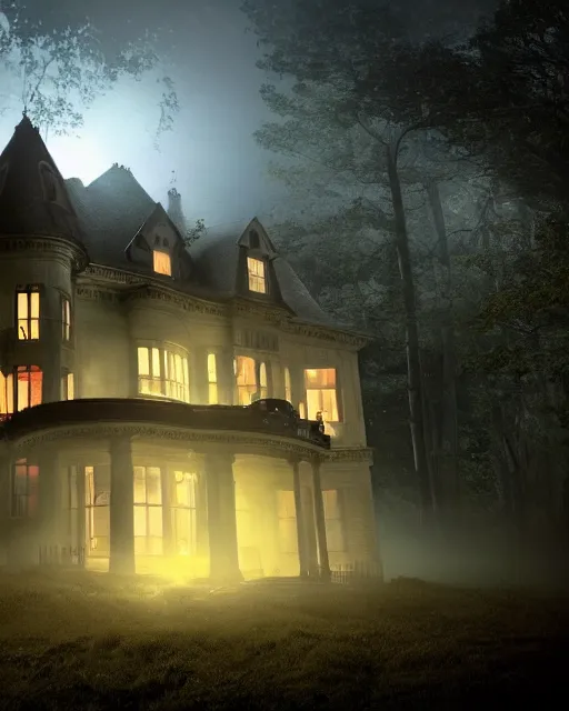 Image similar to a wide angle low photo of a colossal haunted victorian mansion on the edge of a cliff above a misty forest at night, volumetric light, epic proportions, ectoplasm, mystical, occult, alchemy, ultra detailed, 8 k