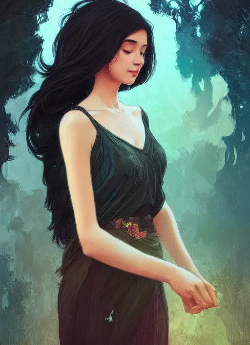 Image similar to handsome young women with shoulder length black hair, half body shot, path traced, highly detailed, high quality, digital painting, alena aenami, lilia alvarado, shinji aramaki, karol bak, alphonse mucha, tom bagshaw