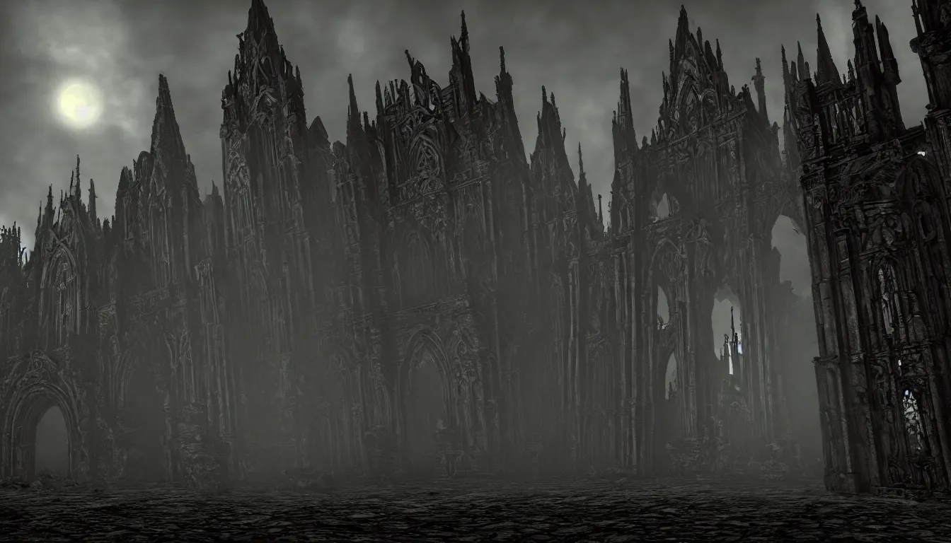 Image similar to dark gothic cathedral realm of darkness, side - scrolling 2 d platformer game level, sinister fog through the pillars, ancient temple ruins, dramatic midnight sun illuminates areas, volumetric light, detailed entangled bodies on walls, bleak decaying color, upscale, 8 k