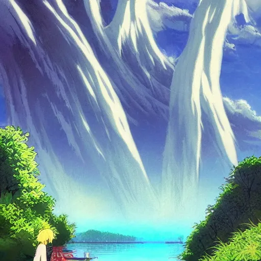 Image similar to a beautiful lake, fantasy art, 2 d, by studio ghibli