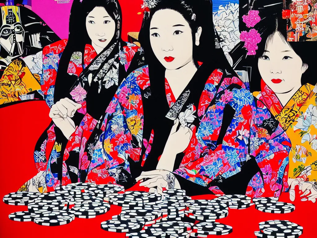 Image similar to hyperrealism composition of the detailed woman in a japanese kimono sitting at an extremely detailed poker table with darth vader, fireworks on the background, pop - art style, jacky tsai style, andy warhol style, acrylic on canvas