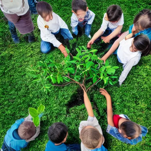 Image similar to a group of children planting trees in front of a clean white sci fi containment building with a utopian city in the distance, hyper realistic, 4 k, hd, artstaion, harsh light, overhead shot