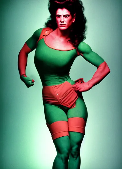 Image similar to a color photo portrait of she hulk wearing fashion clothing by richard avedon dramatic lighting, 7 5 mm lens, shapr focus.