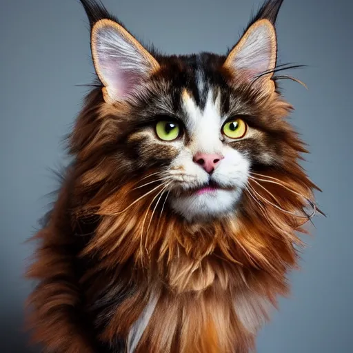 Image similar to very cute huge calico main coon in office, portrait, pixar style, cinematic lighting, award winning creature portrait photography