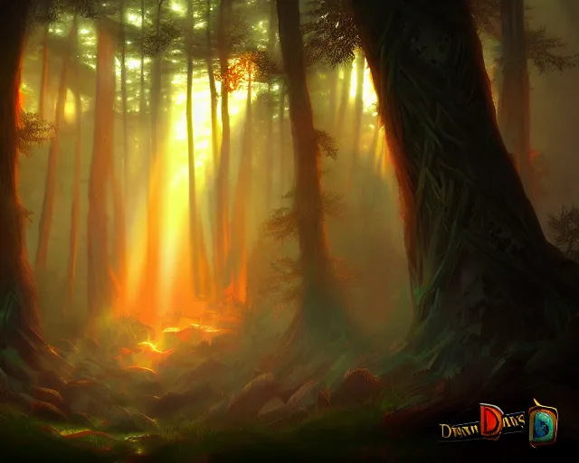 Image similar to dark twisted forest with god rays at sunset, deep focus, d & d, fantasy, intricate, elegant, highly detailed, digital painting, artstation, concept art, matte, sharp focus, illustration, hearthstone,