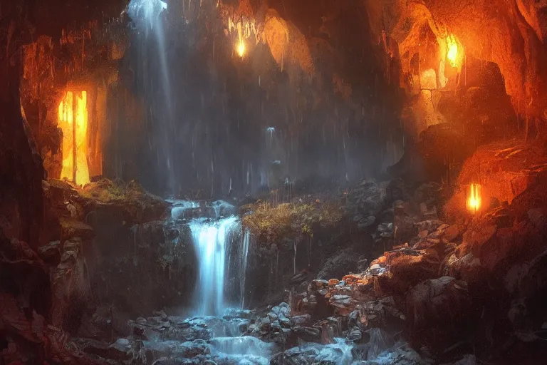 Prompt: inside of a dark cave, small water stream and waterfall, orange minerals, fantasy, highly detailed, art by greg rutkowski