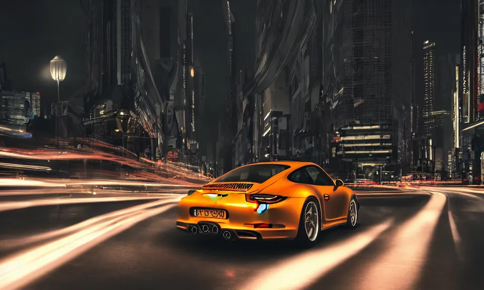 Image similar to photo of a porsche 911 at night drifting through a city, octane render, cinematic, 4k, long exposure photography, tokyo drift, fast and furious, film still, night photography, motion blur, lens flare, movie shot, light trail, distortion, wide angle