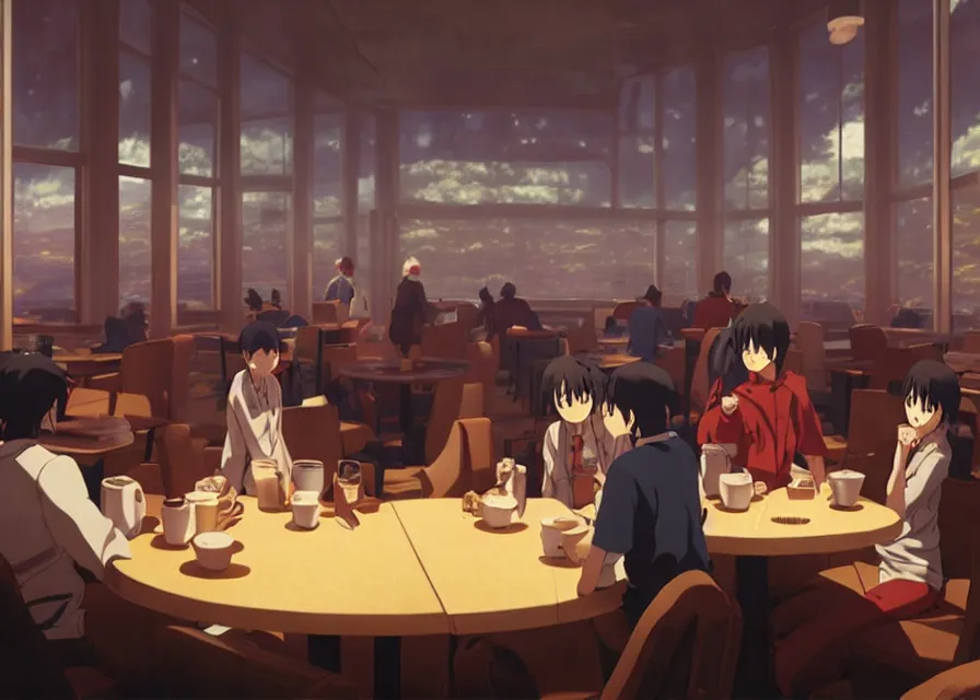 Image similar to an interior of wizards inside a diner with coffee on the table, makoto shinkai, smoky, matte painting