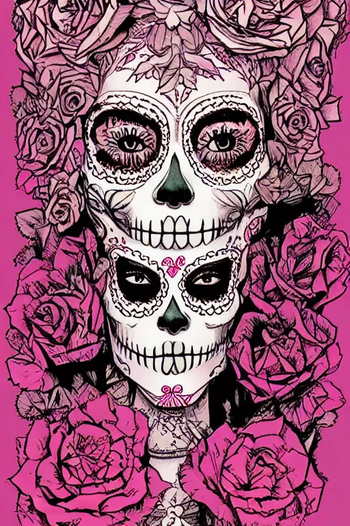 Prompt: illustration of a sugar skull day of the dead girl, art by katsuya terada