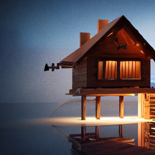 Image similar to a whale with a wooden house on his back, lights are on in the house, digital art, unreal engine, epic lighting, amazing, dreamlike, 3d render