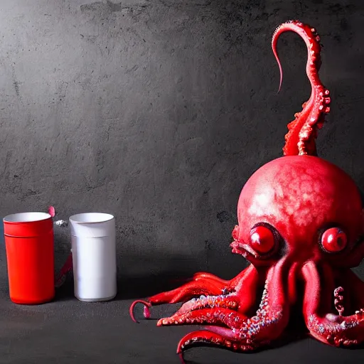 Image similar to a clean studio photography set, there is a bucket of red paint and it has just viciously exploded, there is paint EVERYWHERE, even on the octopus, incredible beautiful ambient light