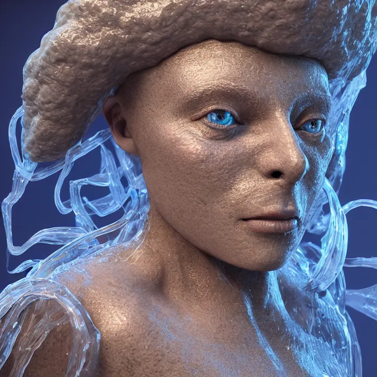 Image similar to octane render portrait by wayne barlow and carlo crivelli and glenn fabry, a newly discovered deep sea bioluminescent creature made out of clear plastic bags, cinema 4 d, ray traced lighting, very short depth of field, bokeh