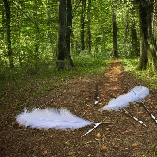 Image similar to two dead horses with many feather arrows on their body, lying on the woods path, dense thickets on each side, photo, 8 k