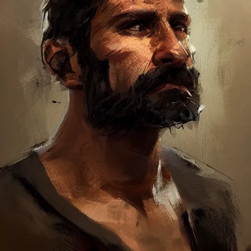 Image similar to Portrait of a man by Greg Rutkowski, he is about 40 years old, southern slav features, messy brown short hair, strong and tall, tired expression, he is wearing a black tank top, highly detailed portrait, digital painting, artstation, concept art, smooth, sharp foccus ilustration, Artstation HQ.