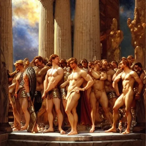 Image similar to hercules watches achilles while they wait in line to worship at zeus'feet, throne of olympus, heavenly marble, gods and goddesses in elegant clothes, painting by gaston bussiere, craig mullins, j. c. leyendecker, tom of finland