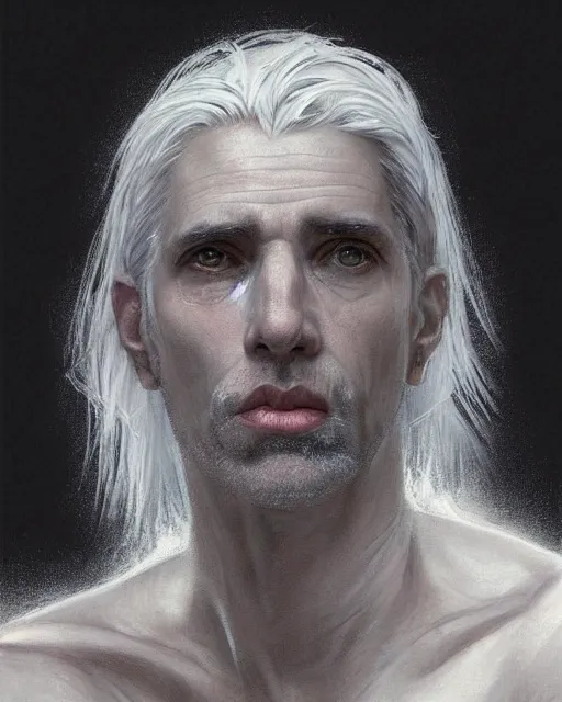 Image similar to portrait of 4 0 - year - old man with white hair with a pale complexion, pointed face and grey eyes, clear smooth face, no beard, wearing black clothes, haughty facial expression, hyper realistic face, beautiful eyes, close up, fantasy art, in the style of greg rutkowski, intricate, alphonse mucha, hyper detailed, smooth