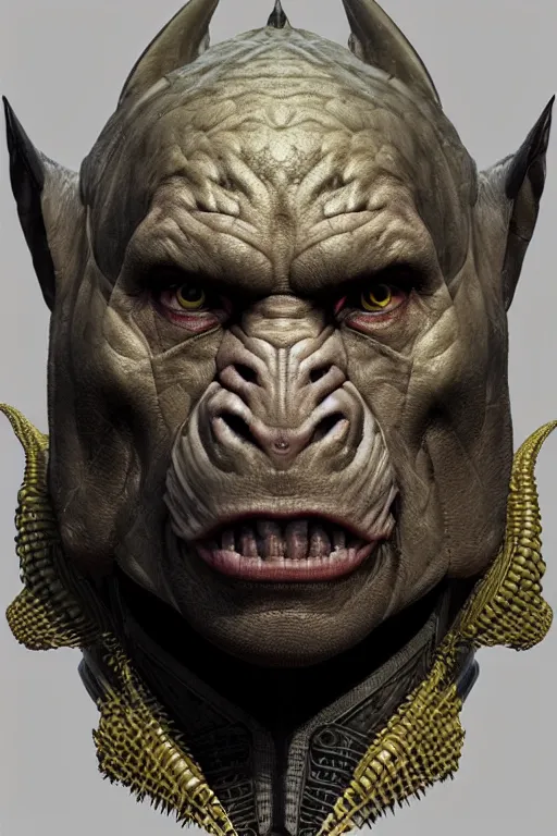 Image similar to realistic render portrait of an orc with intricate armor , intricate, dystopian toy, sci-fi, extremely detailed, digital painting, sculpted in zbrush, artstation, concept art, smooth, sharp focus, illustration, chiaroscuro lighting, golden ratio, incredible art by artgerm and greg rutkowski and alphonse mucha and simon stalenhag