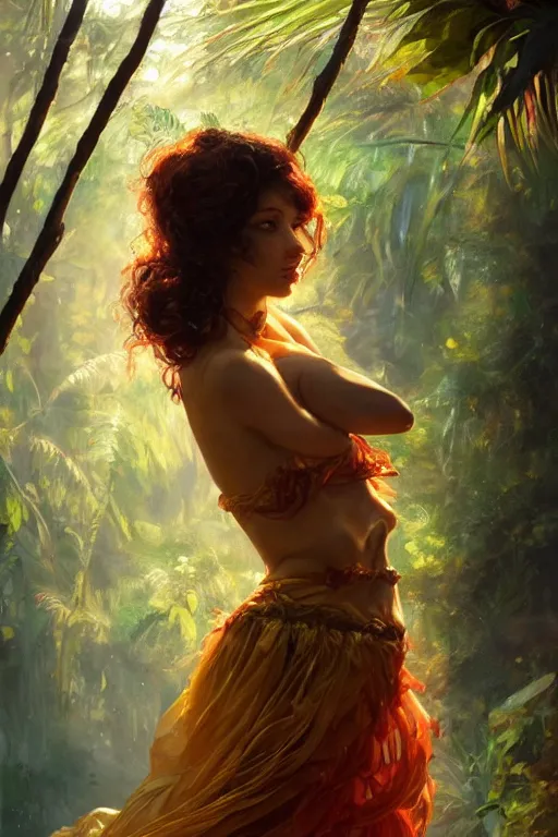 Prompt: stunningly beautiful, spanish dancer in jungle, symmetrical face, golden hour, smooth, focus, highly detailed, hyper realistic, dramatic lighting, elegant, intricate, concept art, art by wlop, mars ravelo, greg rutowski, artstation