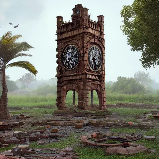 Prompt: vast archaeological ruins featuring a giant clock tower made of rusty scrap parts, trending on artstation, highly detailed, cinematic