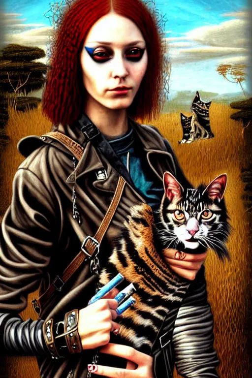 Image similar to punk rock girls making selfie and smoking with cats in jungle , mad max jacket, post apocalyptic, renaissance, highly detailed, digital painting, oil painting by Leonardo Da Vinci, hyper realistic style, fantasy by Olga Fedorova