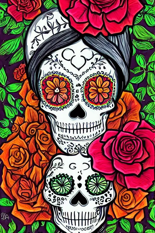 Image similar to illustration of a sugar skull day of the dead girl, art by neil gaiman