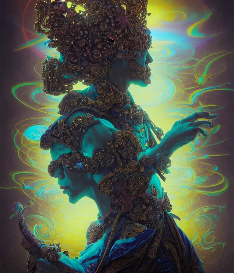 Image similar to front shot of a court jester character, hyperdimensional, bioluminescent hypercubes, dark holography!!!, sunset psychedelic, (((intricate))), elegant, highly detailed, centered, (((artstation, concept art, smooth, sharp focus, artgerm, Tomasz Alen Kopera, Peter Mohrbacher, donato giancola, Joseph Christian Leyendecker, WLOP, Boris Vallejo))), mugshot!!!!!, ugly!!!!!!, octane render, nvidia raytracing demo, octane render, nvidia raytracing demo, octane render, nvidia raytracing demo, grainy, muted, 8K, digitalblasphemy, metatron