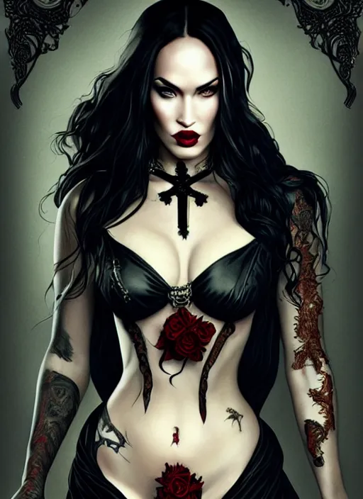 Image similar to megan fox witch queen, black eyes, blood, full body, intricate victorian dress, middle shot, cinematic lighting, symmetrical eyes, caravaggio, artgerm, joshua middleton, rafael albuquerque, moody lighting, candles