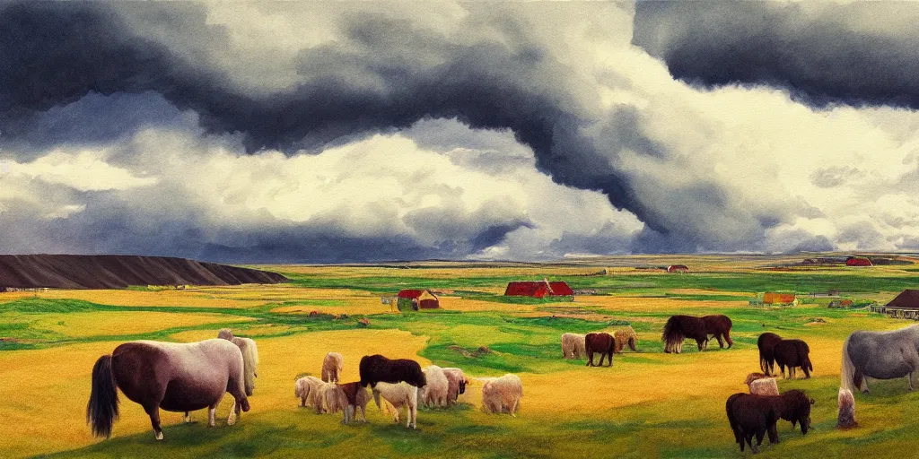 Image similar to a beautiful painting of a icelandic farm, one icelandic horses galloping, storm clouds gathering over the town, by studio ghibli 8 k pastel colours, isometric, six point perspective, drone shot, smeared watercolours, golden light, film grain