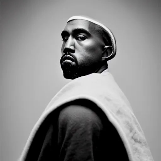 Image similar to a chiaroscuro lighting portrait of kanye west dressed as rick owens, black background, portrait by julia margaret cameron, shallow depth of field, 8 0 mm, f 1. 8