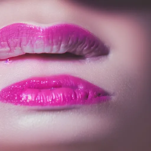 Prompt: gentle smile of a girl with light pink lipstick, close-up, color old photo, blur, soft shadows, volumetric light