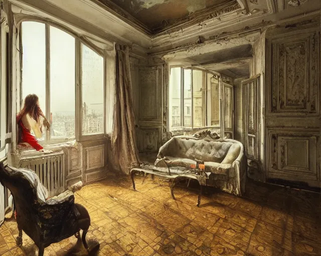 Image similar to an abandoned parisian apartment with and antique furniture with a view of the city, interior design, architecture, key lighting, soft lights, by steve hanks, by edgar maxence, by caravaggio, by michael whelan, by delacroix, by serov valentin, by tarkovsky, 8 k render, detailed, oil on canvas