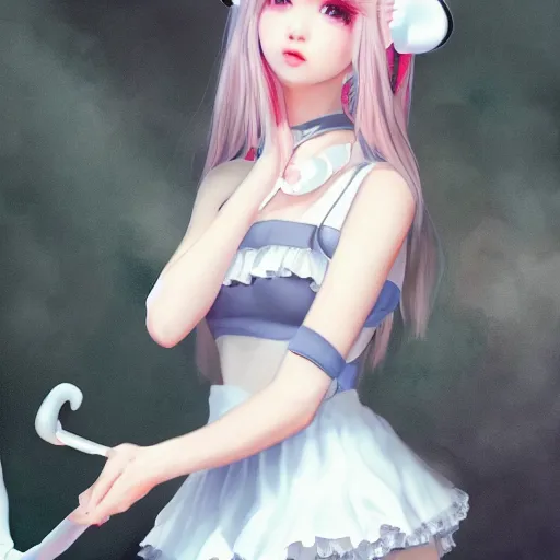 Image similar to realistic detailed semirealism beautiful gorgeous cute Blackpink Lalisa Manoban wearing white camisole maid outfit maid costume, white hair white cat ears blue eyes, headphones, black leather choker full HD 4K high resolution quality WLOP, Aztodio, Taejune Kim, Guweiz, Pixiv, Instagram, Artstation