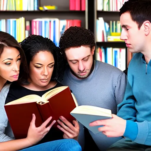 Image similar to two women and three men looking at a book