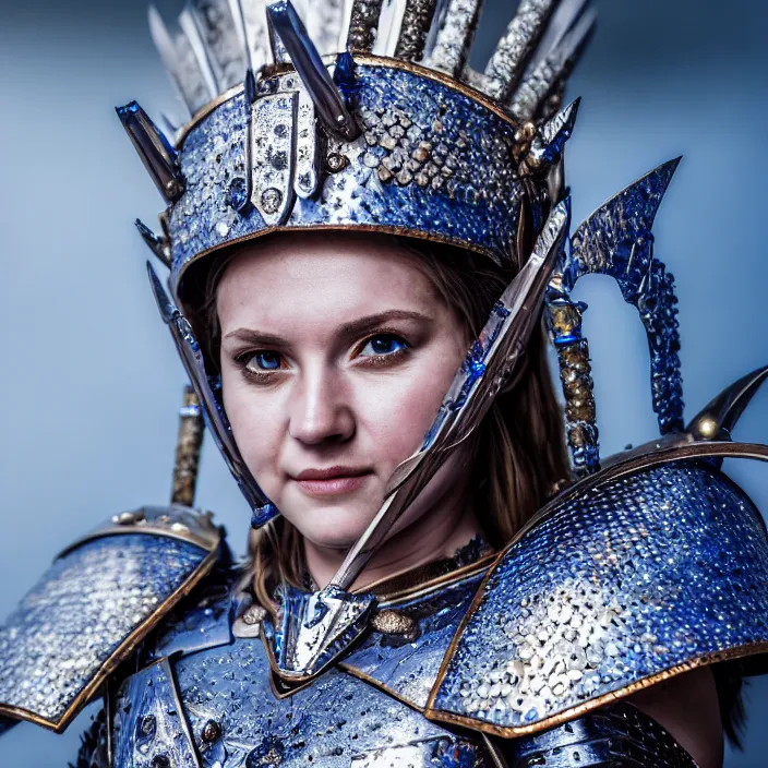 Image similar to photo of a cute warrior queen wearing sapphire encrusted armour, highly detailed, 4 k, hdr, smooth, sharp focus, high resolution, award - winning photo