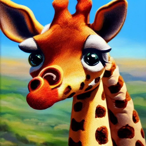 Image similar to Geoffrey the giraffe plush face, dynamic lighting, cinematic, establishing shot, extremely high detail, shining, photo realistic, cinematic lighting, intricate line drawings, 8k resolution, oil painting on canvas