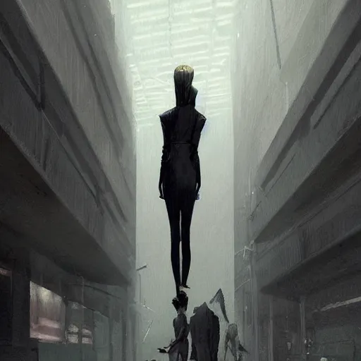 Image similar to concept art by greg rutkowski, a very tall and slender woman with blond hair, talking to a very tall and slender man with short black hair, brutalist futuristic interior, dark lighting atmosphere, detailed portraits, nostalgic atmosphere, scifi, digital painting, artstation, concept art, smooth, sharp foccus ilustration, artstation hq