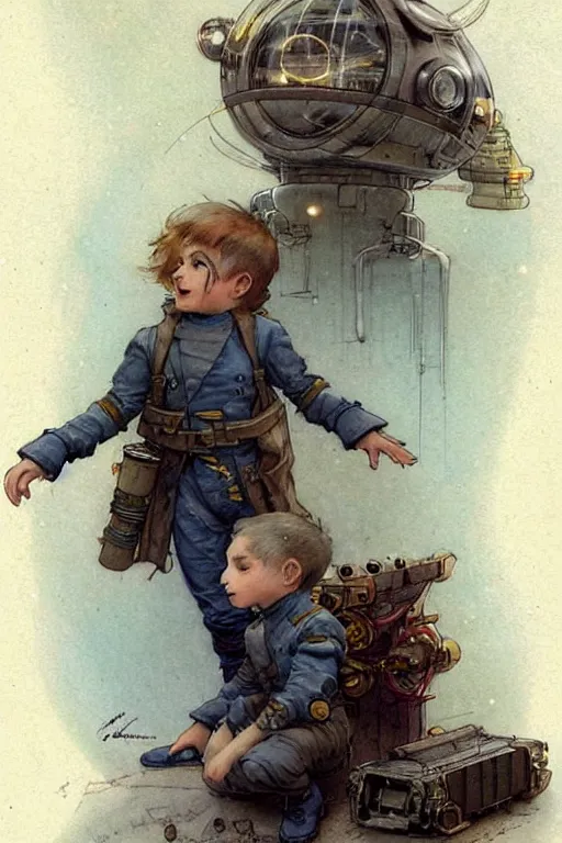 Image similar to ( ( ( ( ( 2 0 5 0 s retro future 1 0 year boy old super scientest in space pirate mechanics costume. muted colors. childrens book layout ) ) ) ) ) by jean - baptiste monge,!!!!!!!!!!!!!!!!!!!!!!!!!!!!!!