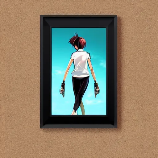 Prompt: shirt art, frame around picture, manga style, realistic lighting, futuristic solid colors, made by ilya kuvshinov, sold on sukebannyc, from arknights, female beach volley player, elegant, carrera sport glasses, sport clothing, sneaker shoes, simple background
