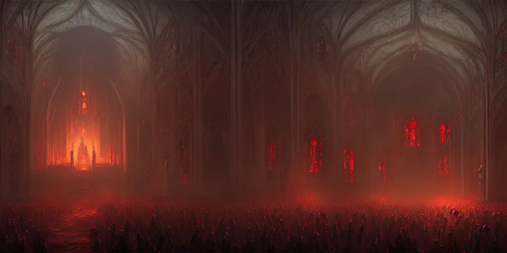 Image similar to breathtaking detailed concept art painting of a dark ritual church in hell, by hsiao - ron cheng, bizarre compositions, exquisite detail, extremely moody lighting, 8 k