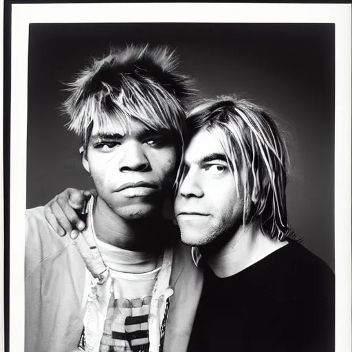 Image similar to medium format photo of basquiat and kurt cobain photographed by annie leibovitz in a hi end photo studio, color, photorealistic,