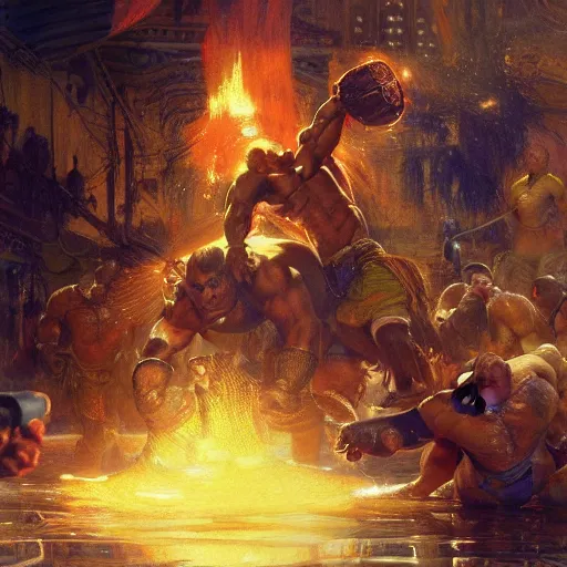 Image similar to the iron sheik breaking hulk hogan's back, radiant light, caustics, heroic, bright iridescent light, by gaston bussiere, bayard wu, greg rutkowski, maxim verehin, epic wrestling combat, legendary