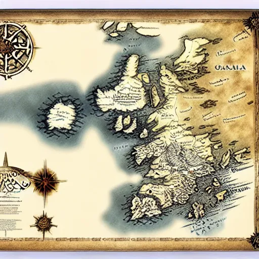Prompt: westeros map printed on parchment, 8 k